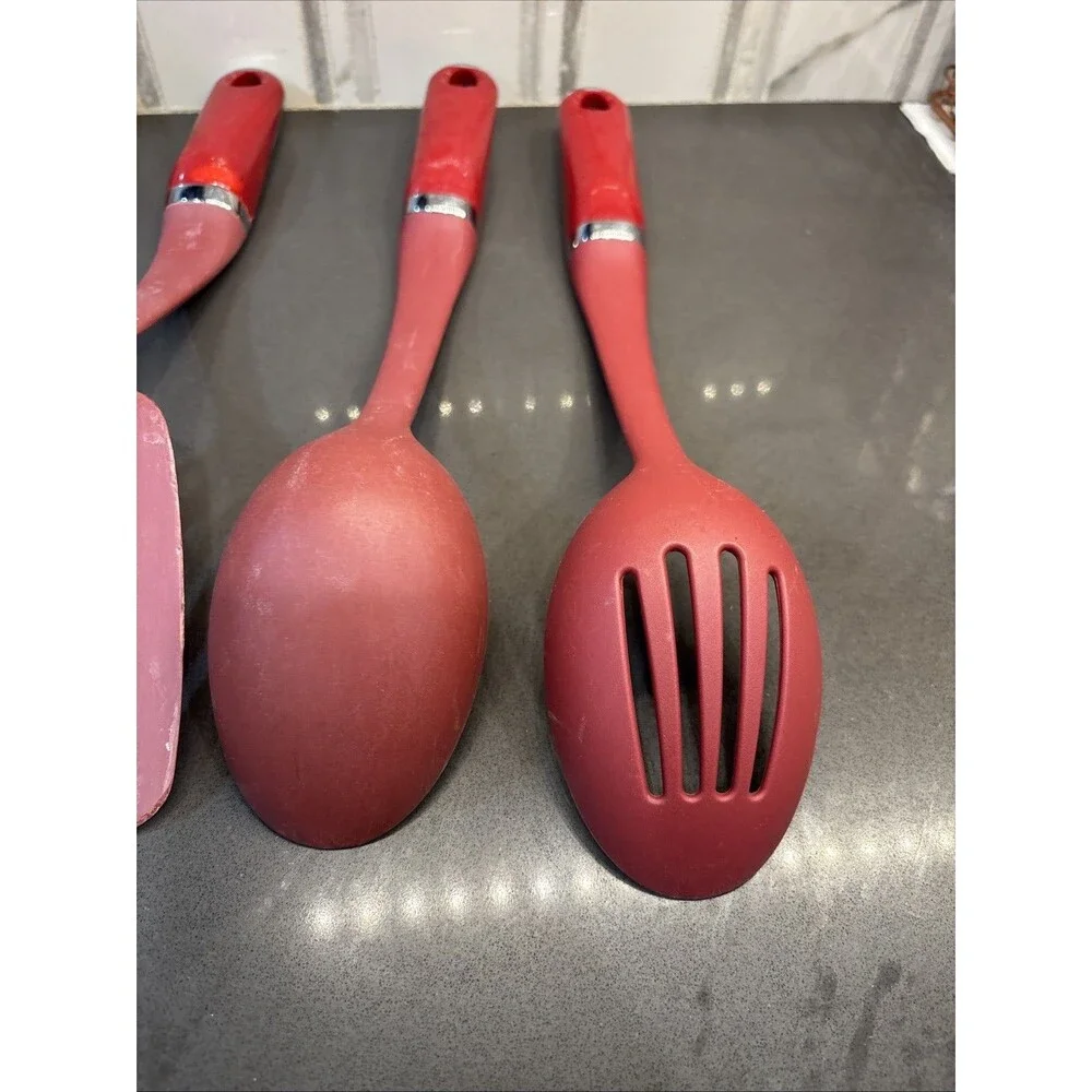 Lot 4 KitchenAid Kitchen Utensils Empire Red Spatula Ladle Reg & Slotted Spoon